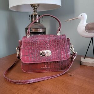 Chiara Ferretti Red Burgundy Croc Embossed Leather Mini Satchel Crossbody Bag